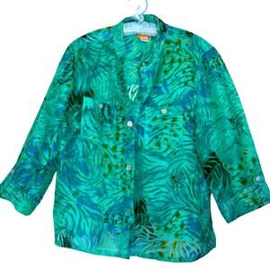 Ruby Rd. Green & Blue Tropical Burn-out Button Front Pocketed Top size 12